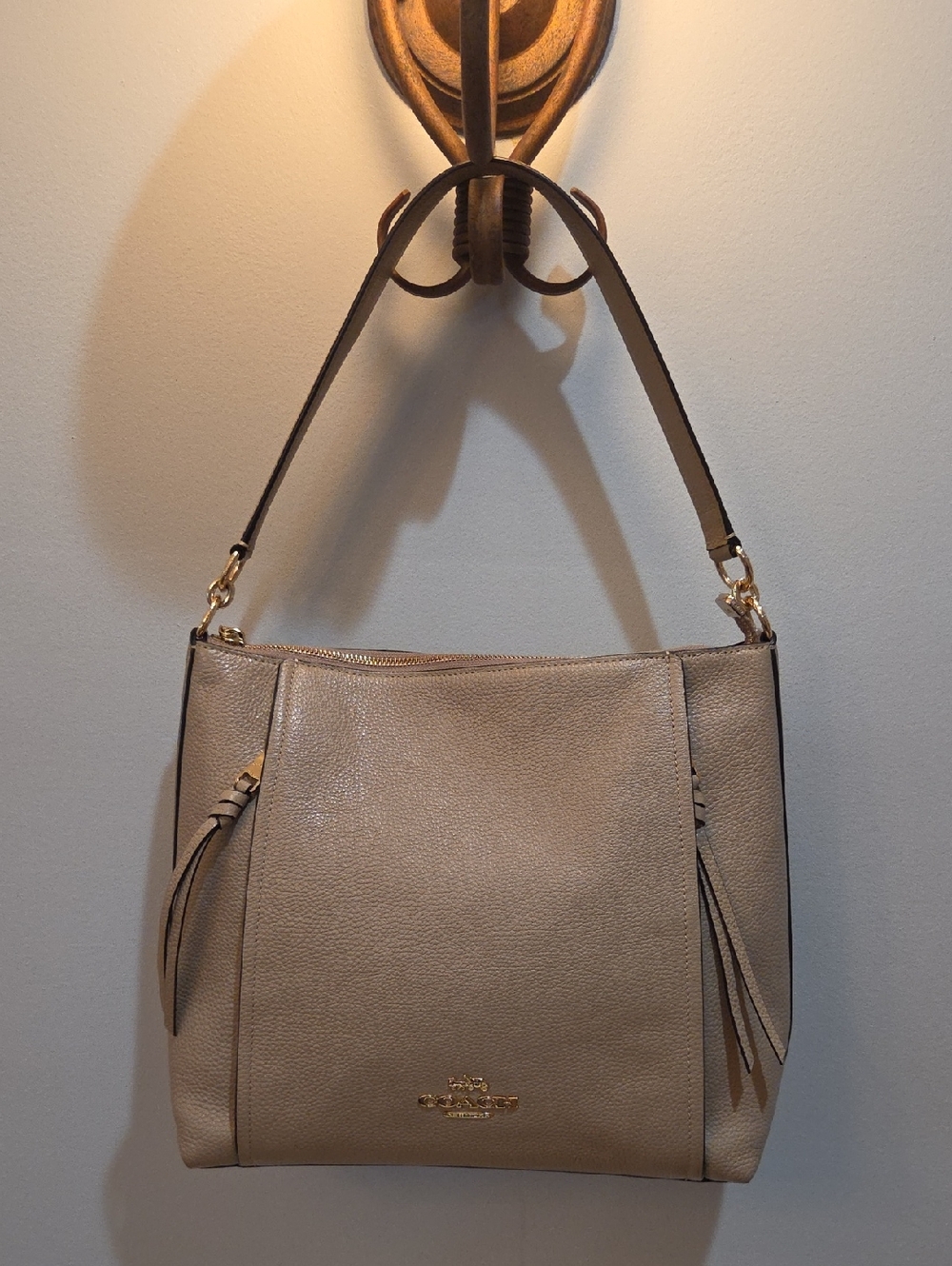 Coach Beige Pebbled Leather Shoulder Bag with Tassels